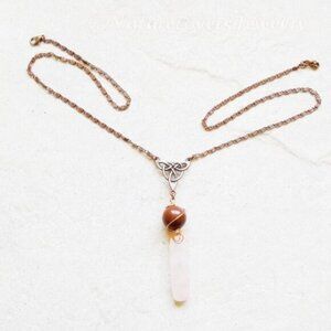 Rose Quartz & Mahogany Obsidian Y Necklace ~  Celtic Knot ~ Ornate Copper Chain